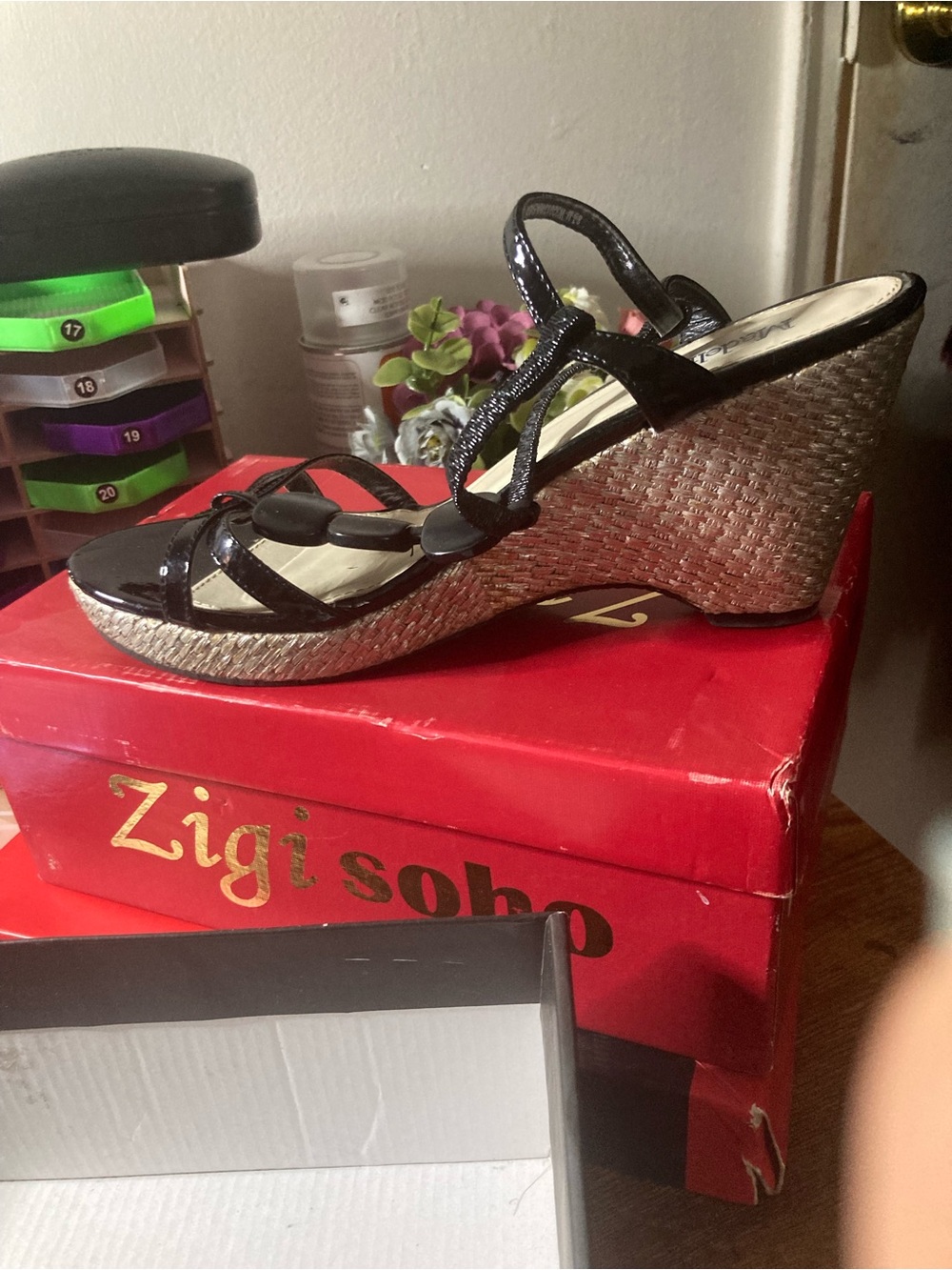 Zigi Soho Black Patent Wedge Sandals with Espadrille Platform
